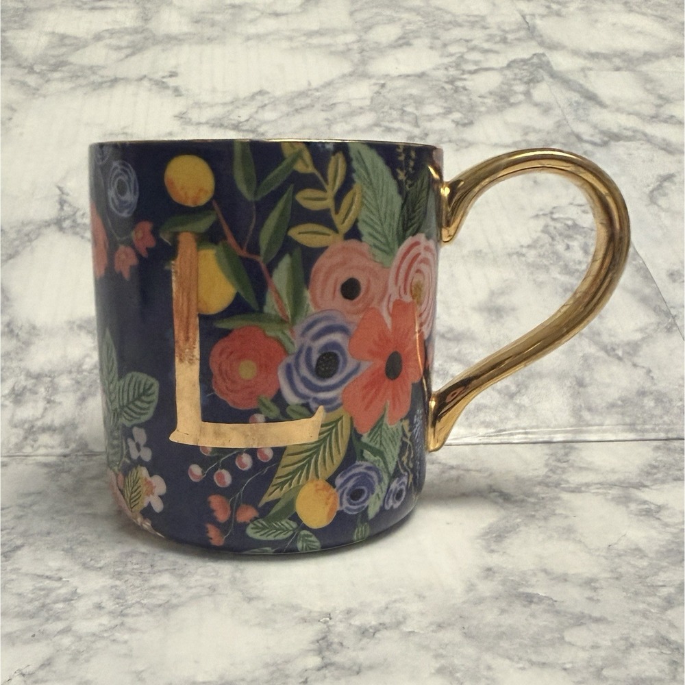 Rifle Paper Co. for Anthropologie Coffee Cup Mug Monogram Gold Letter "L" Floral